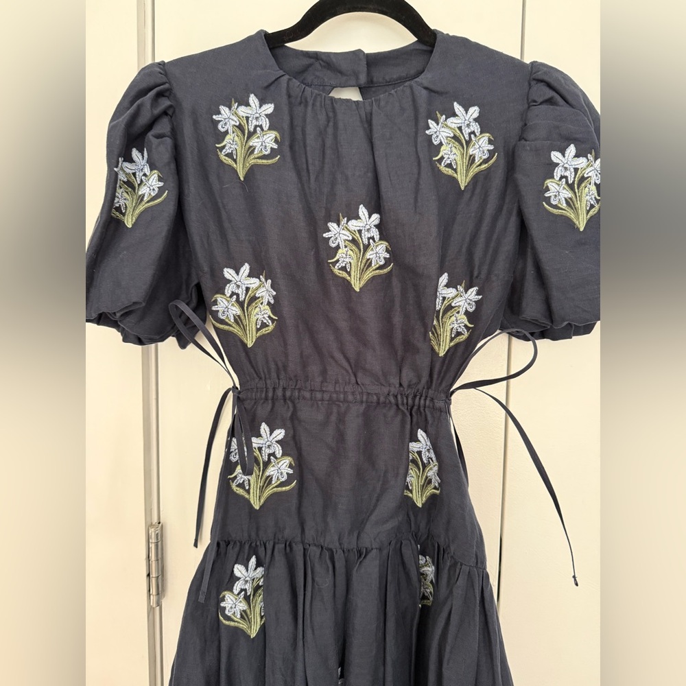 AGUA BY AGUA BENDITA Embroidered Samba Maxi Linen Dress in Navy - Picture 2 of 7